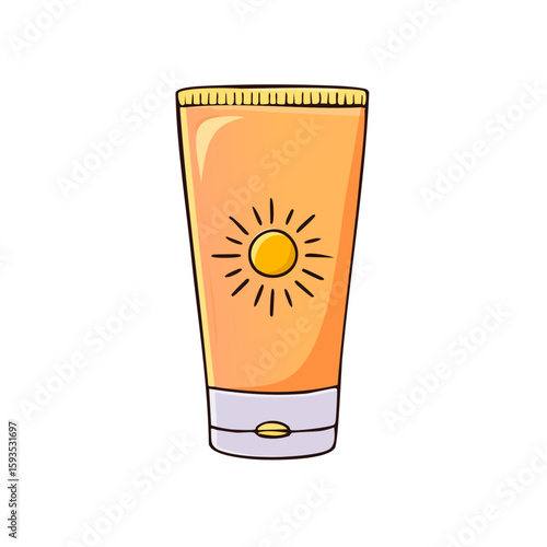 Orange sunscreen tube featuring a sun icon, ideal for summer themed designs, skincare products, sun protection concepts, and cosmetic advertising campaigns.