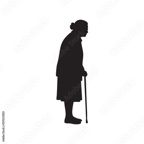 Elderly woman silhouette with cane isolated on white background