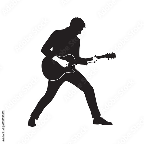 Musician playing guitar silhouette isolated on white background