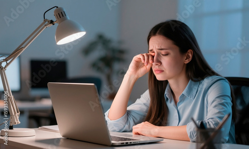 Tired woman sits at desk with laptop, closing dry or irritated eyes, rub nose bridge to reduce pain