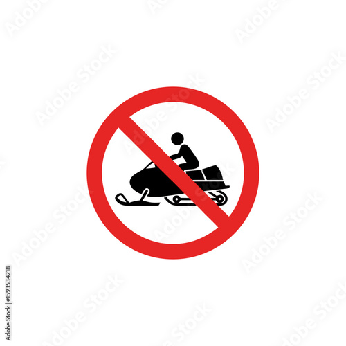 No snowmobile icon. Prohibition sign for snow machine. Symbol of restricted outdoor activity. Simple flat black and red vector icon for safety signage