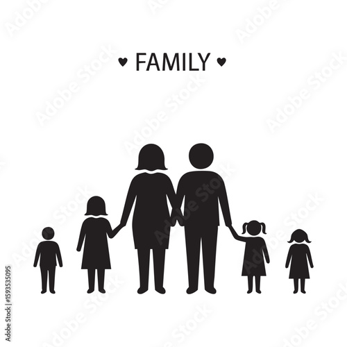 Happy family silhouette with two parents and four children isolated on white background silhouette