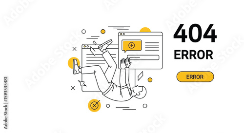 A stylized illustration of a person falling through two browser windows, next to a "404 Error" message, against a white background.
