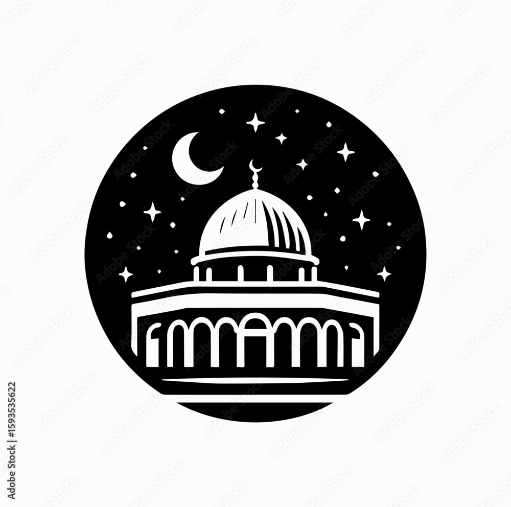 Obraz premium Black Vector Logo of Dome of the Rock with Starry Night — Silhouette Symbol of Jerusalem Spirituality