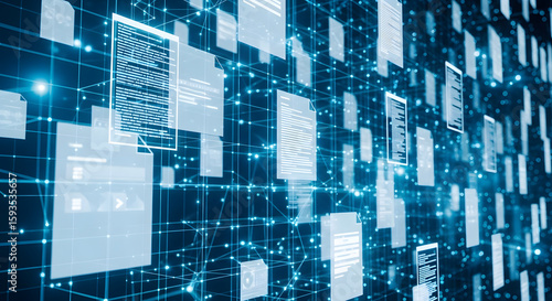 Abstract Digital Data Flow with Glowing Documents and Information Transfer