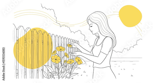 A woman with long hair tends to yellow flowers growing near a wooden fence, with abstract yellow shapes in the background.