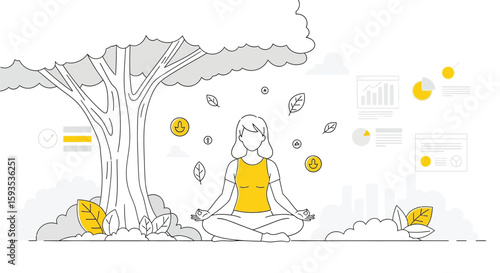 Woman meditating in lotus position under a tree with falling leaves, surrounded by financial data visualizations.