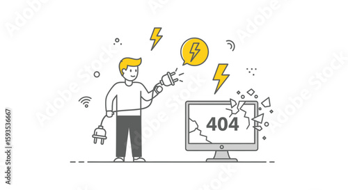 A man holds a disconnected plug, facing a broken computer screen displaying "404" with lightning bolts around.