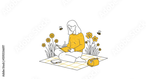 A woman sits cross-legged on a blanket in a field of dandelions, writing in a notebook, with bees buzzing nearby.
