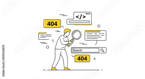 Cartoon man searches with a magnifying glass amidst error messages, code snippets, and a search bar, illustrating a website or programming problem.