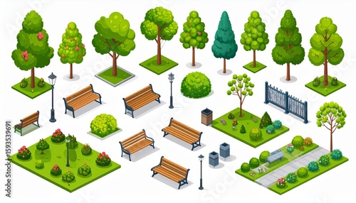 Modern park isometric elements constructor mega set. Creator kit with flat graphic street lanterns, trees and bushes, fences, benches, trash bins, paths. Vector illustration in 3D isometry design.