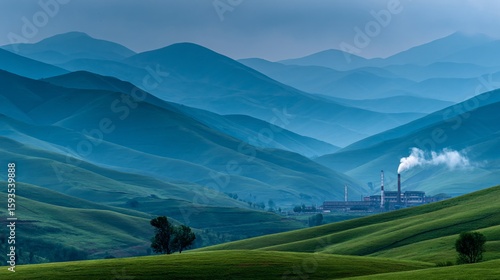 Misty mountain range with a factory