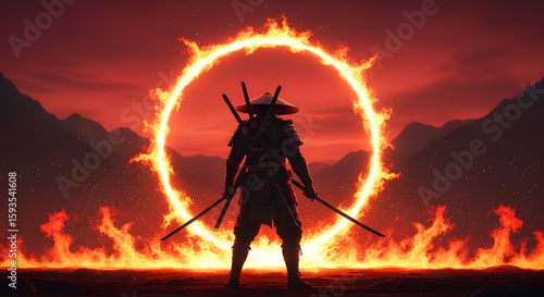 Ancient Samurai Warrior Standing in Fiery Ring with Swords at Sunset