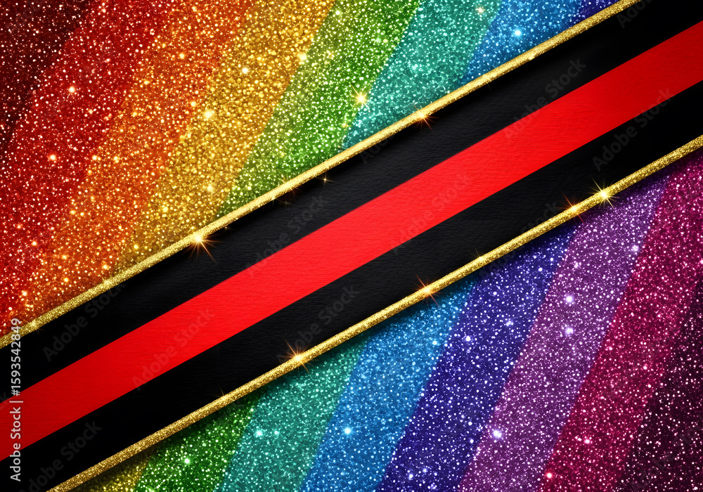 Obraz premium A vibrant, glittery background featuring rainbow colors with a bold black and red stripe in the center, adorned with golden borders.
