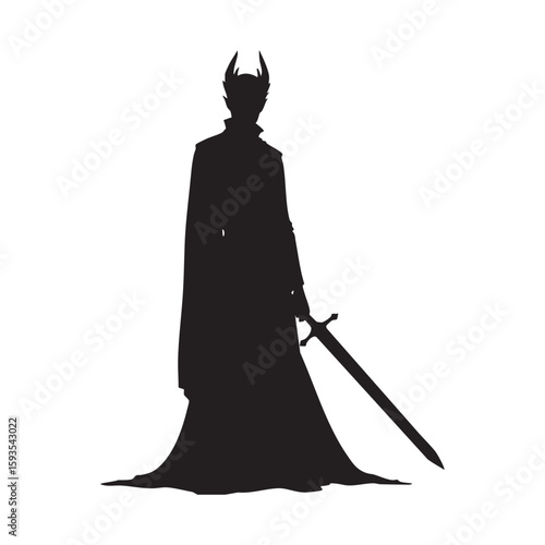 Dark king silhouette holding a sword isolated on white background