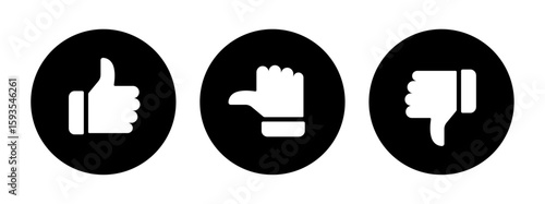 Like, dislike, neutral, thumbs up, thumbs down, thumbs middle hand gestures, Rating and feedback satisfied, unsatisfied, neutral survey icons set in black color, vector illustration.