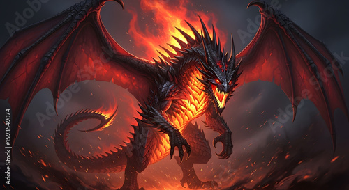 Majestic Fiery Dragon with Glowing Eyes and Wings Amidst Flames