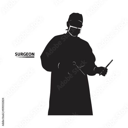 Surgeon in scrubs holding surgical instrument silhouette isolated on white background