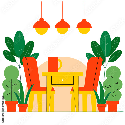 Cozy modern dining area with vibrant furniture and stylish lighting, surrounded by greenery