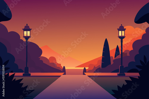 Serene park pathway illuminated by vintage lamps at sunset