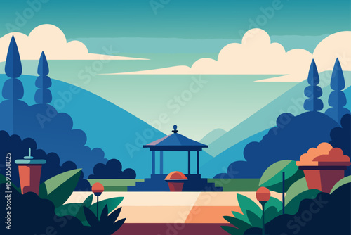 Stylized garden landscape with gazebo and rolling hills