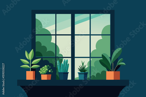 Cozy window sill with potted plants and greenery outside