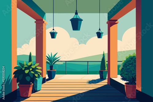Modern porch with potted plants and scenic view