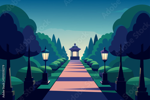 Tranquil park pathway leading to a gazebo at dusk