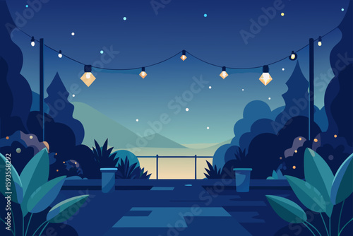 Serene night view of a balcony with string lights and distant mountains