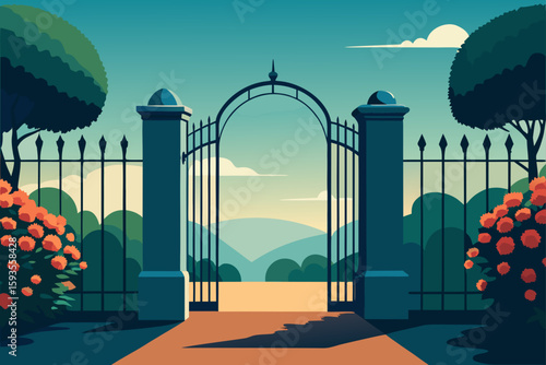 Open garden gate with scenic mountain view