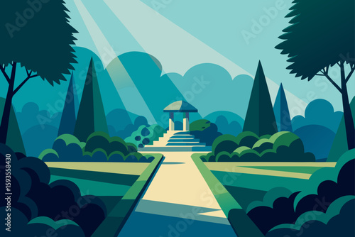 Serene garden path leading to a gazebo under sunbeams