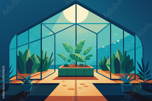 Modern greenhouse with lush greenery and sunlight