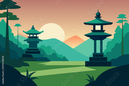 Serene japanese garden with pagodas at sunset