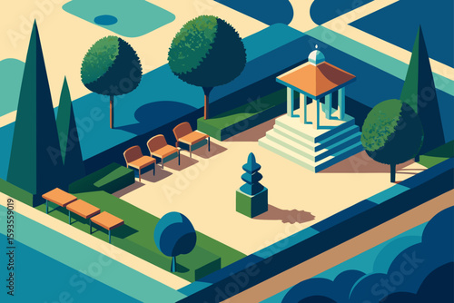 Stylized isometric park scene with gazebo and seating