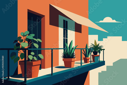 Modern balcony with potted plants and cityscape view