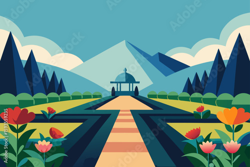 Stylized garden path leading to a gazebo with mountains and flowers