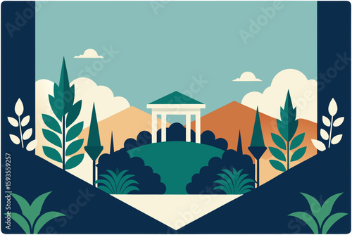 Stylized landscape with gazebo and mountains