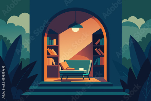 Cozy reading nook with a sofa and bookshelves illuminated by warm light