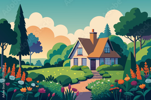 Charming cottage surrounded by lush gardens and verdant trees