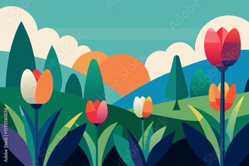 Stylized spring landscape with tulips and rolling hills