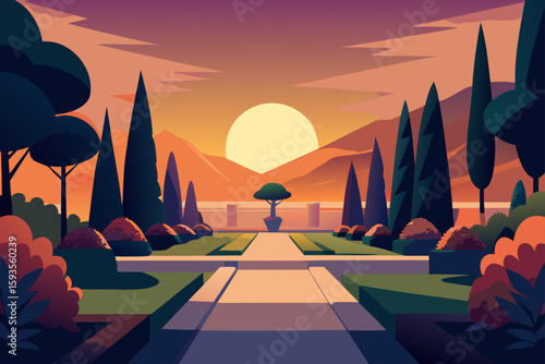 Tranquil garden pathway at sunset with mountain backdrop