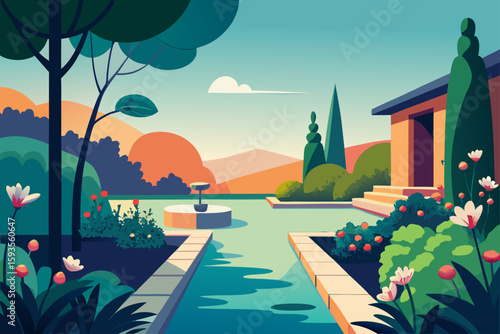 Stylized garden oasis with fountain and modern architecture
