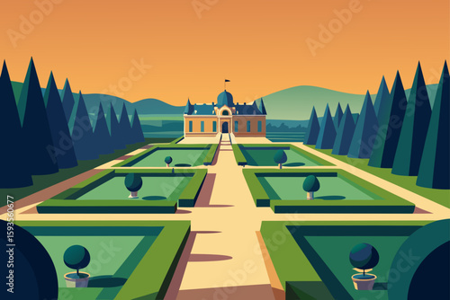 Stylized palace and formal gardens under an orange sky