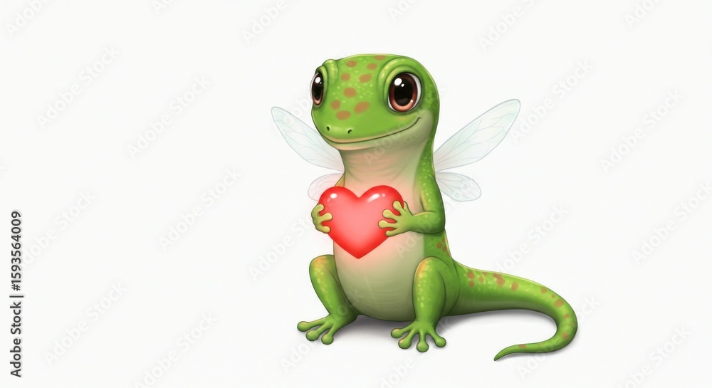 Naklejka premium Adorable gecko fairy holding a heart, a whimsical digital illustration filled with love and charm