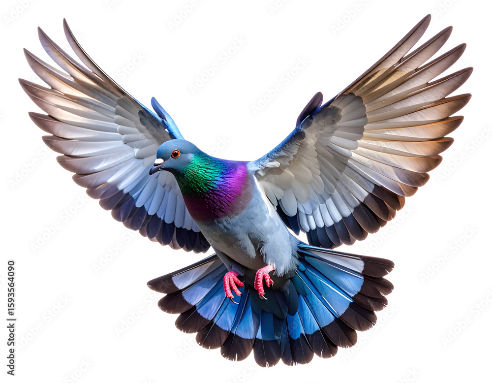 Naklejka premium Vibrant Pigeon in Mid-Flight with Spread Wings, Clear Sky Background, Isolated