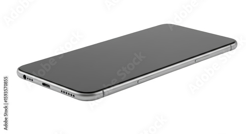 Silver smartphone with a dark screen laying flat on a white surface, angled view showing ports and buttons.