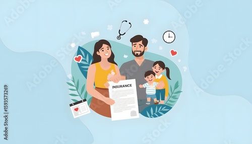 Family Holding Insurance Document with Doctor Tools and Clock on Light Blue Background