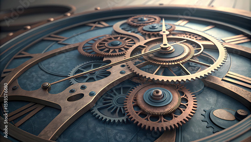 A detailed view of an intricate clockwork mechanism with gears and roman numeral clock face design