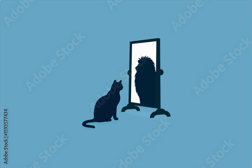 Vector illustration of a black silhouette of a cat sitting in front of a standing mirror, with the reflection showing a proud lion. Minimalist concept with solid color background.