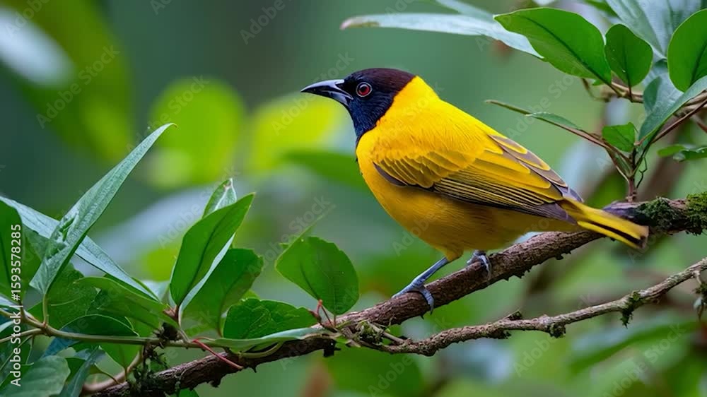 Close-up of the black-crowned yellow bird perched on an tree branch Close-up of the black-crowned yellow bird perched on an tree branch